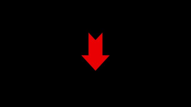 Bold Red Down Arrow Icon for Download, Navigation, Direction, Scroll, Drop, Submit and Call to Action Symbol on Clean black Background with video animation.