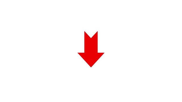Bold Red Down Arrow Icon for Download, Navigation, Direction, Scroll, Drop, Submit and Call to Action Symbol on Clean White Background with video animation.