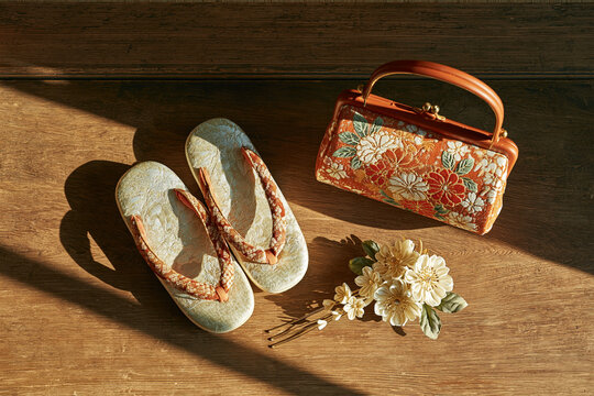 Traditional Japanese Zori Sandals, Handbag, and Kanzashi Hair Ornament