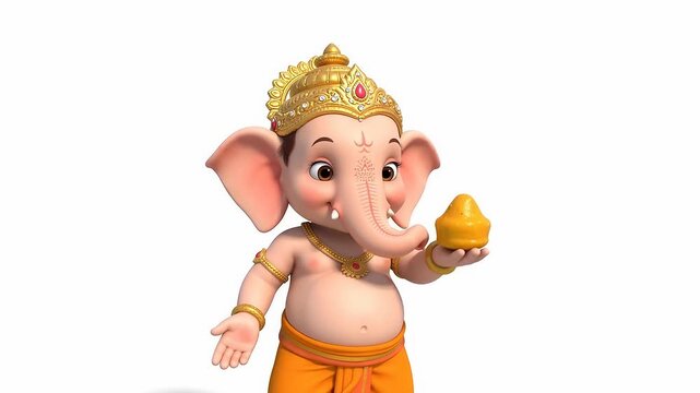 3D animated lord ganesha playing with modak sweet, cute hindu deity character for ganesh chaturthi festival celebration