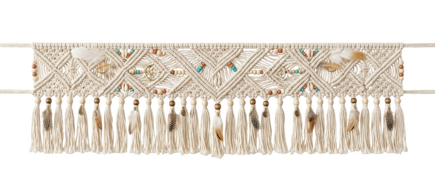 Bohemian Macrame Table Runner with Tassels and Geometric Pattern.