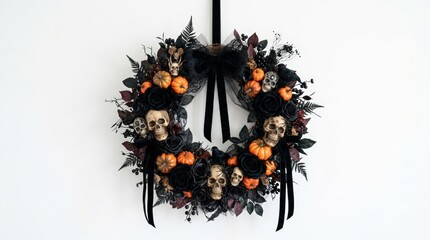 Fototapeta premium A spooky Halloween wreath featuring realistic skulls, miniature orange pumpkins, and black floral accents hanging against a plain white wall background