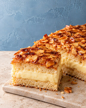 German Bienenstich Bee Sting Cake with Almond Caramel and Vanilla Cream
