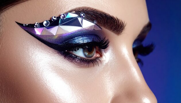 Artistic eye makeup with blue gems and crystals.