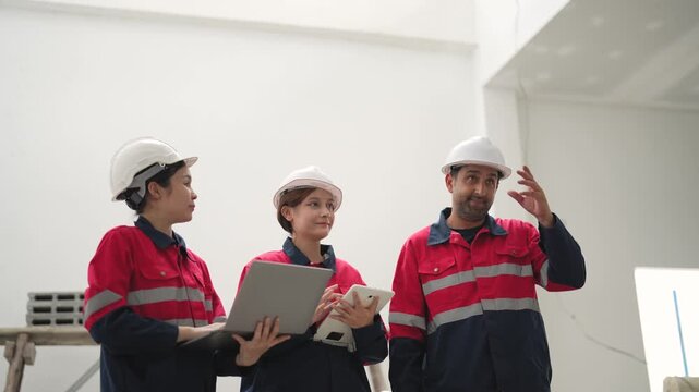 Three construction workers wearing hard hats discuss project information while holding tablet and documents during inspection inside unfinished building.