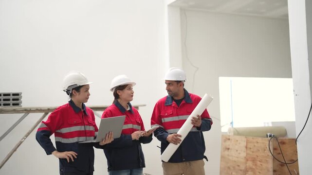 Three construction workers compare blueprint, tablet and documents while discussing building plans and checking project progress at construction site.