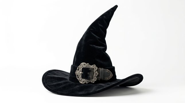 A classic black velvet witch hat with an ornate silver buckle isolated on a clean white background for Halloween costume themes