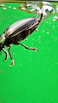 Tracking shot of a diving beetle swimming gracefully across a bright green screen, highlighting its elegant movements and colorful features in a natural setting