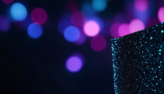 Black Glitter Cube with Colorful Bokeh Background