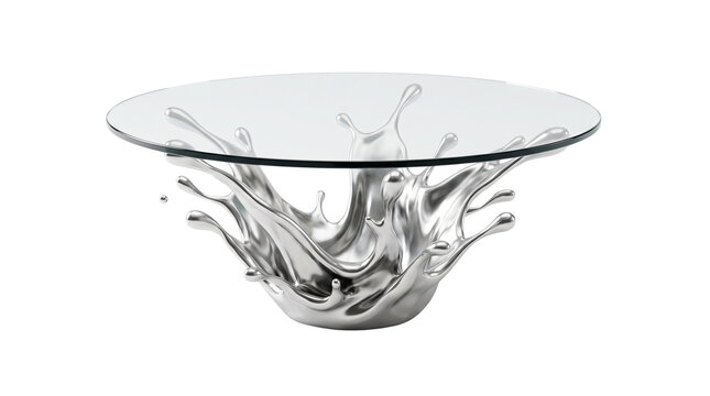 Modern glass coffee table with liquid chrome splash on transparent background