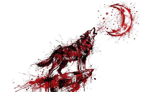 Howling red wolf illustration howling at the crescent moon on transparent background
