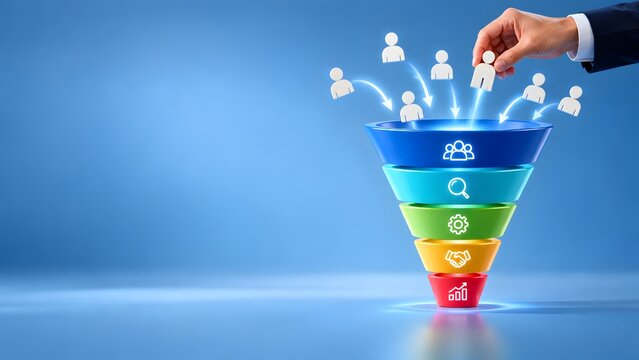 Sales funnel concept with businessman hand placing human figure representing customer journey marketing strategy and lead generation process