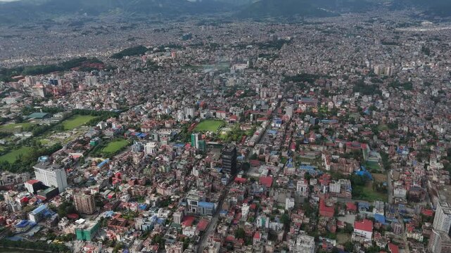 Drone view over the densely populated neighborhoods of Kathmandu, Nepal.