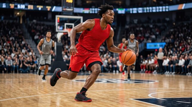 Dynamic action shot of a young adult African American male basketball player dribbling the ball on indoor court during professional game