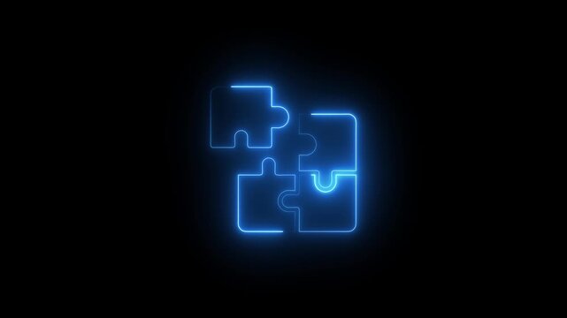 Glowing neon jigsaw puzzle pieces animation for business problem solving and strategy concepts blue