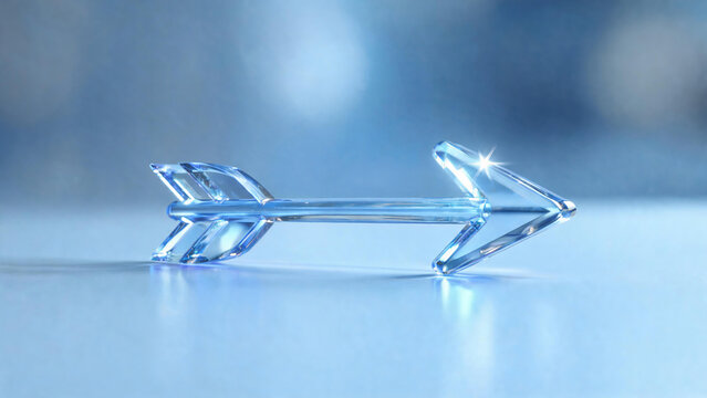 A transparent blue crystal arrow rests on a smooth reflective surface, featuring a bright sparkle at its tip, set against a soft blurred blue background.