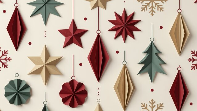 christmas paper ornaments stars trees and snowflakes hanging on wall
