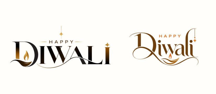 Happy Diwali Typography Collection &ndash; Elegant Indian Festival Calligraphy with Diya