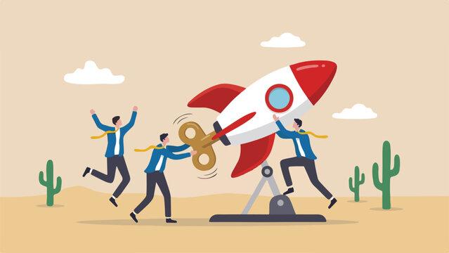 Product launch countdown takeoff excitement anticipation concept engineering team turning a giant key on the back of oversized wind up toy rocket clean minimal flat vector illustration