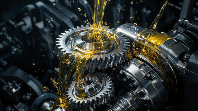 Precision metal gears are being lubricated with flowing golden industrial oil to reduce friction in mechanical machinery.