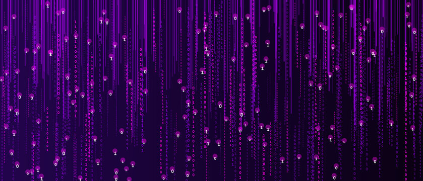 Abstract purple binary code background with glowing digital data streams for modern software development technology design.