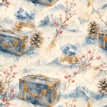 Watercolor winter seamless pattern with snow globe mountain suitcase and pinecone
