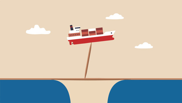 Supply chain single point of failure hazard concept cargo ship balanced precariously on tip of single toothpick over ocean trench clean minimal flat vector illustration