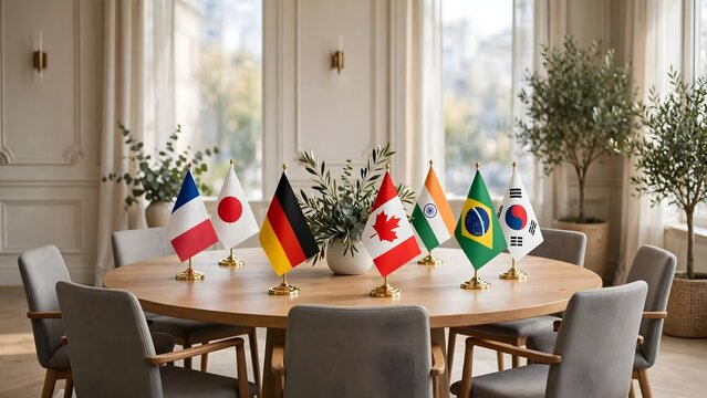 National flags arranged around a conference table symbolize international cooperation and peaceful diplomatic dialogue