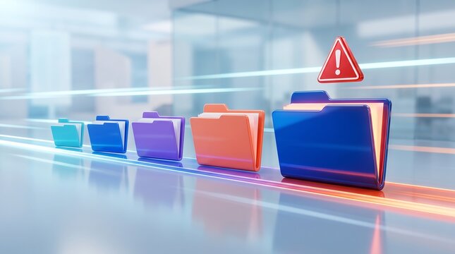 Multiple colored digital file folders in a row with a red warning alert triangle symbol indicating errors or security issues in a professional office environment 3d render illustration