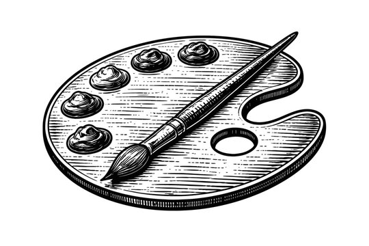 Vintage Woodcut Style Artist Palette with Paint Blobs and Brush Illustration, Black and White Engraving Art Print, Classic Drawing Tools Icon for Creative Studio Design, Hand Drawn Sketch Vector Graph