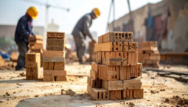 Construction workers stacking bricks on site.
