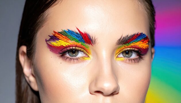 Colorful feathered eyebrow makeup on female face.