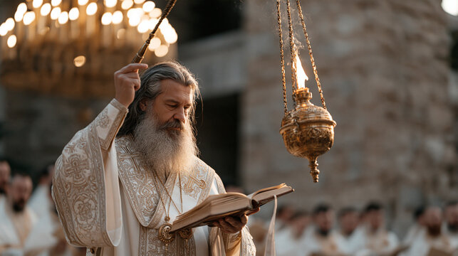 Bearded Russian Orthodox priest swinging a golden thurible of smoking incense during a solemn liturgy, embroidered vestments gleaming under chandelier light, a choir of robed
