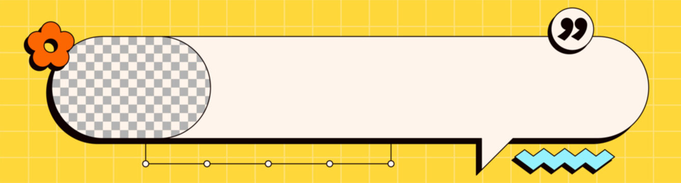 Yellow background testimonial layout in Neo-brutalism style, web banner size, with tiny design elements.