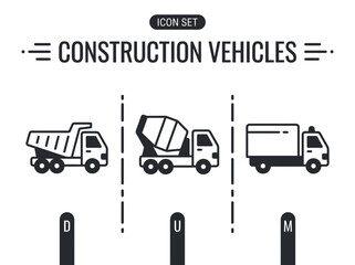 Obraz premium Construction Vehicles Vector Icon Set with Dump Truck and Mixer