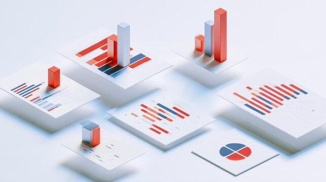 Statistical analysis concept, geometric data charts arranged on floating documents, subtle shadows, modern 3D illustration. 