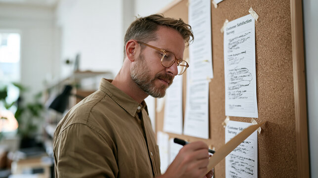 Thin bearded man carefully reading customer satisfaction survey printouts pinned to a corkboard in a small business back office, circling recurring complaint patterns with a