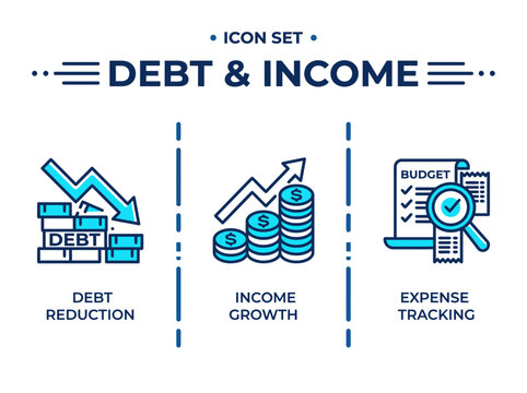 Debt and Income Reduction Growth Outline Vector Icon Set