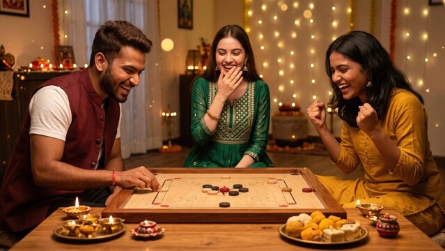 Friends Playing Carrom at Home &ndash; Diwali Night Game Celebration