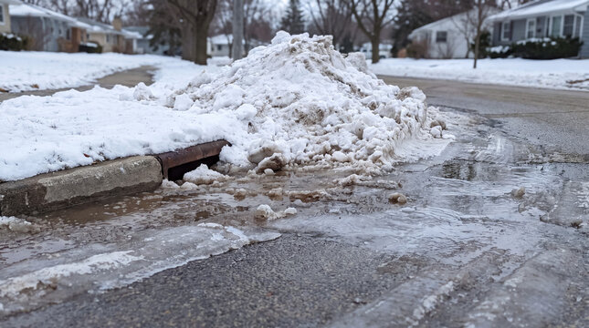 Large pile of dirty snow melting into slush, ice, and puddles on a residential street next to a storm drain