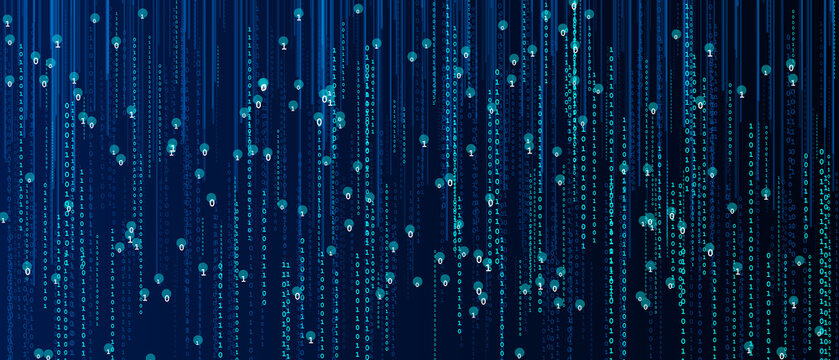 Abstract blue binary code background with glowing digital data streams for modern software development technology design.