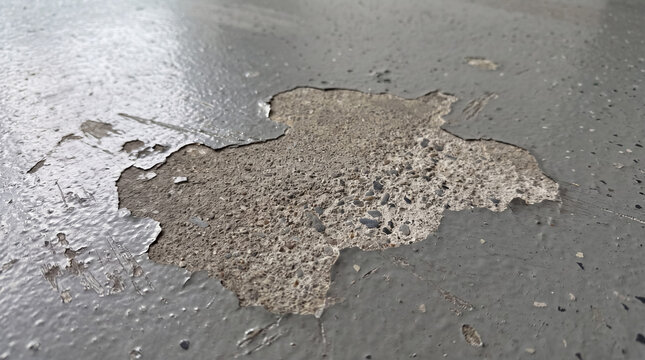 Grey painted concrete surface showing peeling paint, exposing rough textured substrate, illustrating deterioration and damage