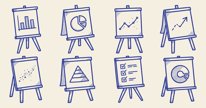 set of flipcharts with business charts and graphs in blue outline vector style