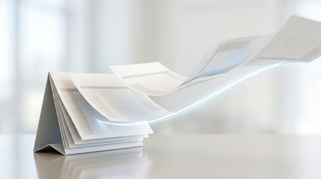 Conceptual calendar with pages flying away with light trail effects symbolizing tight deadlines and rapid business task management in a bright modern office workspace setting
