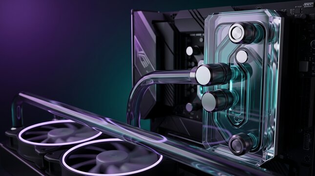 Close up of high end computer liquid cooling system with transparent pipes and glowing neon lighting inside a modern gaming pc case showing advanced thermal management technology