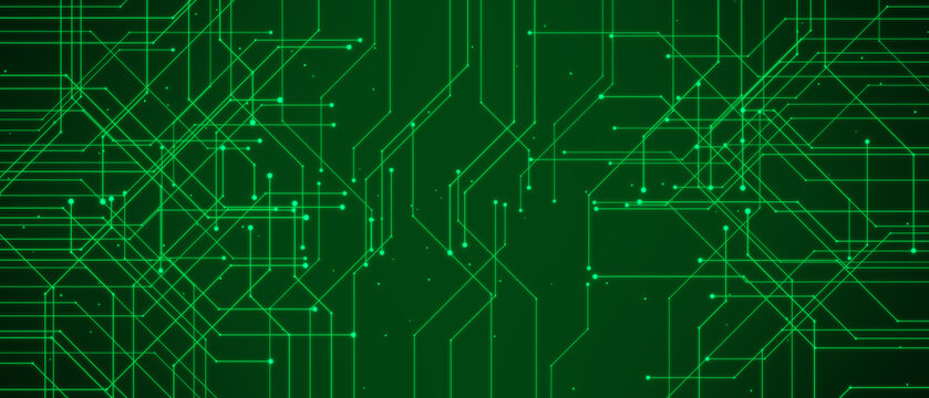 Abstract circuit board pattern in green glowing lines and connected nodes representing digital data flow for technology UI.