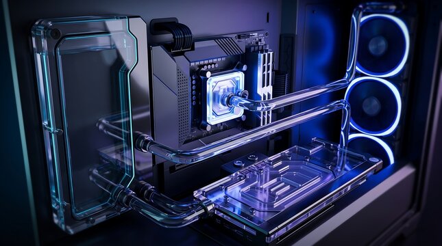 Custom liquid cooled computer interior with glowing blue coolant tubes and high performance components inside modern gaming desktop tower case for advanced enthusiast hardware build project