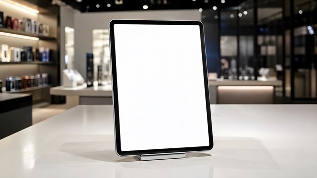 Blank tablet screen on a clean counter in a modern electronics store with soft background lighting