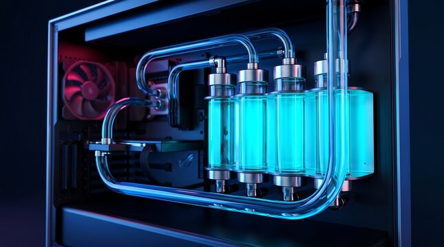 Advanced liquid cooling system with multiple vertical reservoirs and glowing blue coolant in high-end gaming pc workstation setup for professional performance computing and modding