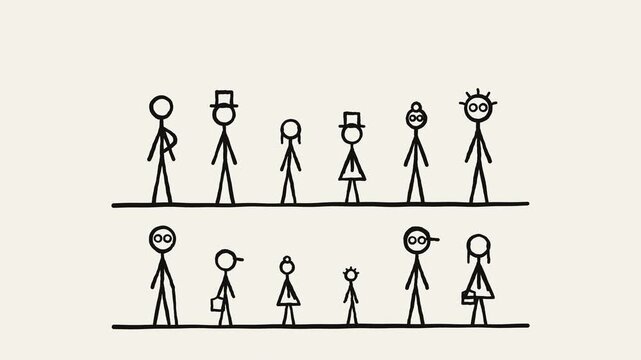 Crowd of Stick Figures Forming Two Rows Animation